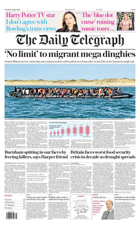 "'No limit' to migrant mega dinghies," reads the headline on the front page of the Daily Telegraph.