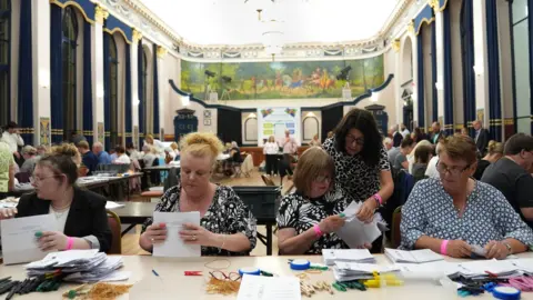 Four women sit at a table in a town hall counting votes