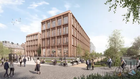 A digital graphic of the proposed office development. The building appears to be four storeys tall and is made up of a lot of large, glass windows. It has a modern, urban look with a beige exterior. There are people milling about outside the building.