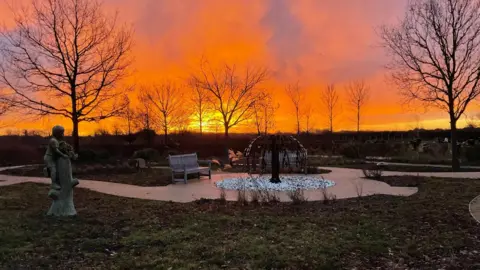 A garden with grass and paths running through it. It features a statue, a sculpture in the middle and a bench. There are also multiple leafless trees sitting under a bright orange sunset. 