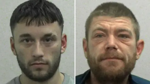 Northumbria Police Mugshots of Liam McHugh and Nathan Beecroft. McHugh has a short black beard and short black hair. Beecroft has a craggier face with a thicker brown beard and short fuzzy brown hair.