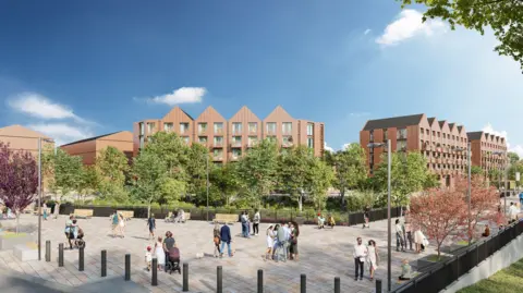 An artist's impression of how the new housing estate could look, with high-rise apartment-style buildings built around a paved walkway interspersed with benches, pocket parks, and trees.