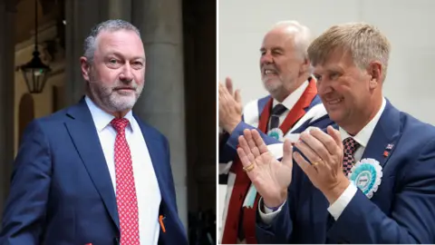 A composite of two photos of two men. Steve Reed in a suit with a red tie walking is in the left picture. On the right is Peter harris clapping his hands at an election count.