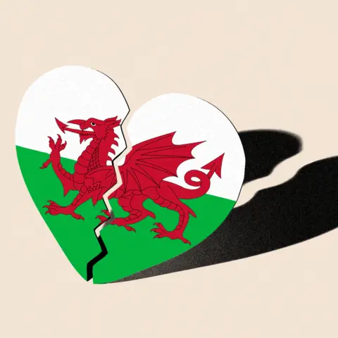 BBC An edited image of a broken heart shape featuring the Welsh flag