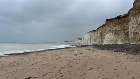 A sandy beach with white cliffs in the distance. 
