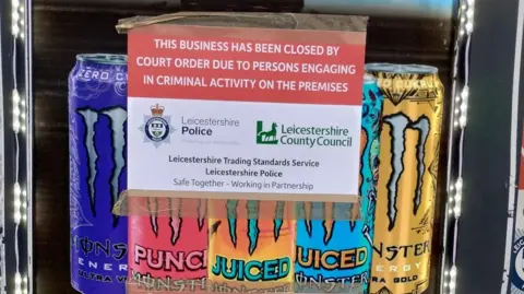 Leicestershire Police A sign placed on an advert for Monster energy drinks