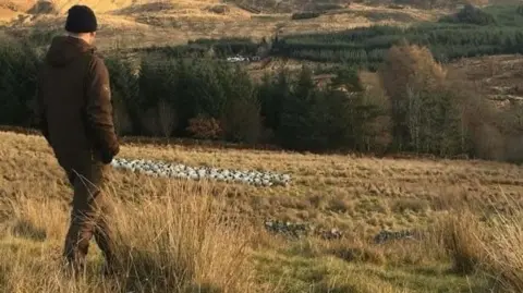 Ricky Rennie Ricky Rennie stands with his back to the camera wearing brown jacket and trousers and a black hat. he is looking out at a flock of sheep on a hillside, with rocky outcrop above.