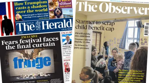 The front pages of the Herald on Sunday and the Observer