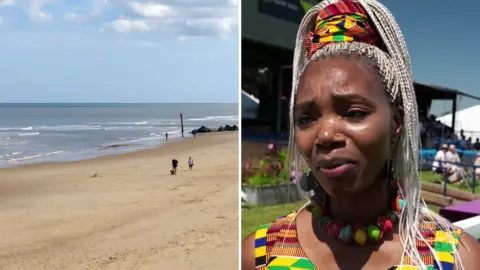 Anna Mudeka is pictured on the right wearing a beaded necklace and a colourful vest while at an event. On the left, Waxham beach can be seen, with a couple walking along the stretch of sand as waves roll onto it on a sunny day. 