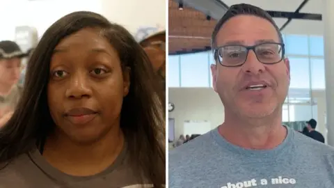Two people are talking to a reporter concerning ICE agents at the airport.