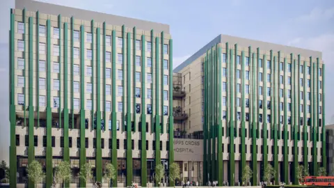 Barts Health NHS Trust CGI of a new hospital building which show two tower blocks with green cladding and in the middle a smaller blocked with a sign saying Whipps Cross Hospital above the main entrance.