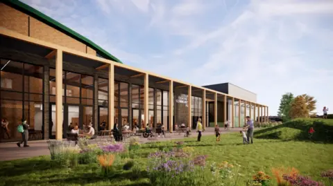 Artist impression of Five Acres leisure centre. It has cream beams outside and big glass paned windows. The building is outside a green lawn area with purple flowers. People are walking and sitting at tables outside.