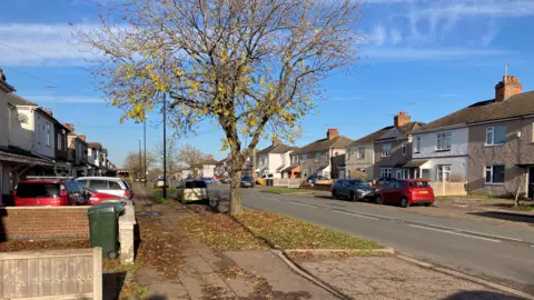 A residential street with houses on either side and parked cars. A tree which has shed most of its leaves is in the centre of the frame on some grass on the pavement.