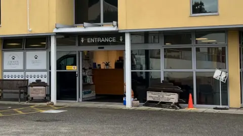 The entrance of the JSPCA Animal Shelter building. It has glass-fronted wall and automatic glass doors with a yellow first floor.