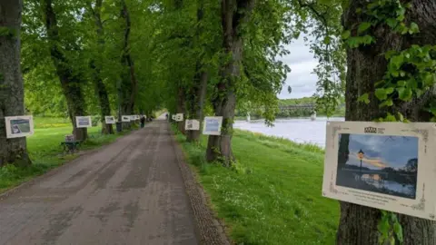 Preston City Council A tree lined path through the park with the River Ribble to the right. The bridge can be seen in the distance and there are pictures pinned to the tree trunks