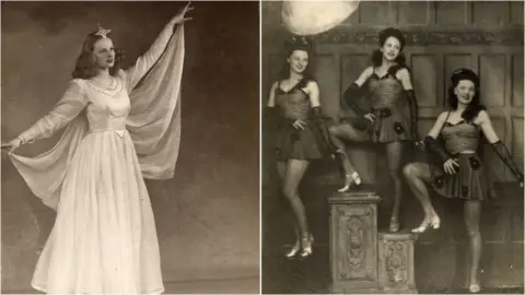 Family handout Two black and white images with Carol on her own in the left photo, dressed as a fairy queen with a long white dress and 'winged' style shawl. She has a silver star on her forehead and is standing with arms extended in a dance pose.
The right-hand picture is of Carol and two other women wearing black corset-style tops with black mini skirts. They are standing with one knee bent in a dance pose. They all have their hair style in a half up, half down do.