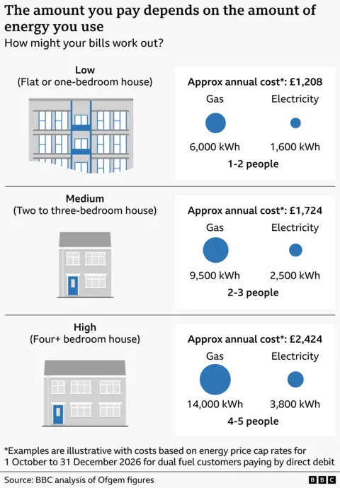 Graphic explaining how household energy bills vary by usage level. It shows three example household types with estimated annual costs and energy use based on the new typical household energy consumption values, which will be used from July. Low usage (flat or one‑bedroom home): around £1,208 per year, based on about 6,000 kWh of gas and 1,600 kWh of electricity, for one to two people. Medium usage (two to three‑bedroom home): around £1,724 per year, based on about 9,500 kWh of gas and 2,500 kWh of electricity, for two to three people. High usage (four‑plus bedroom home): around £2,424 per year, based on about 14,000 kWh of gas and 3,800 kWh of electricity, for four to five people. The graphic emphasises that costs increase with higher energy use. Figures are illustrative and based on price cap rates for 1 October to December 31 2026. Source: BBC analysis of Ofgem data.