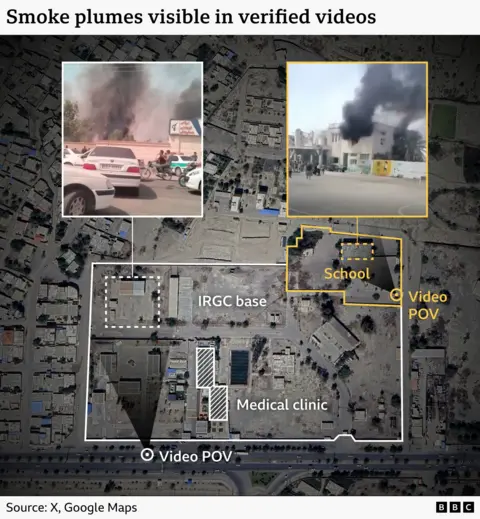 An annotated satellite image showing the location of the school and the IRGC base, with screenshots of verified video that show plumes of smoke.