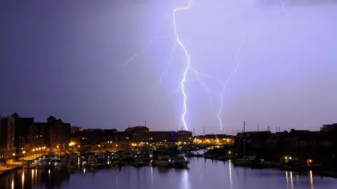 Forked Lightning over Sovereign Harbour, Eastbourne, East Sussex.