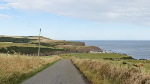 Google A scenic coastal route where cows are lying down in green fields. There is a house nestled on the coastline in the distance