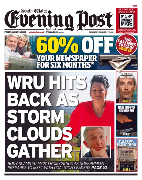 South Wales Evening Post Front page of the South Wales Evening Post. The headline reads 'WRU hits back as storm clouds gather. Photos of Welsh rugby legend Jonathan Davies and GoCompare founder Hayley Parsons accompany the text.