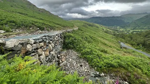 LDNPA A pathway has been repaired by a big stone wall being built. It cuts across a moorland hillside with ferns and mosses. At the bottom of the valley is a tarmac road, in the distance are wooded hills under grey skies. 