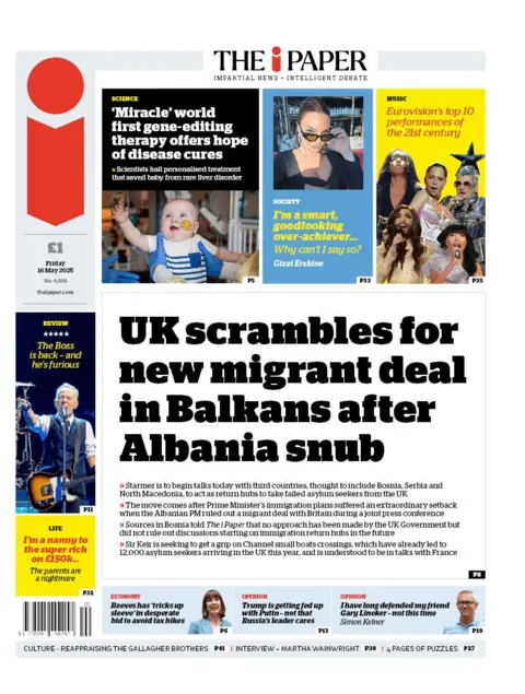 The headline on the front page of the i Paper reads: "UK scrambles for new migrant deal in Balkans after Albania snub".