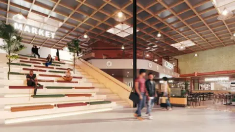 Oldham Council CGI image of the proposed indoor market hall in the Spindles Town Square shopping centre in Oldham.