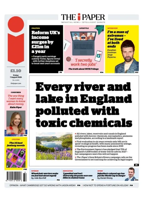 "Every river and lake in England polluted with toxic chemicals" reads the headline on the front page of The i Paper. 