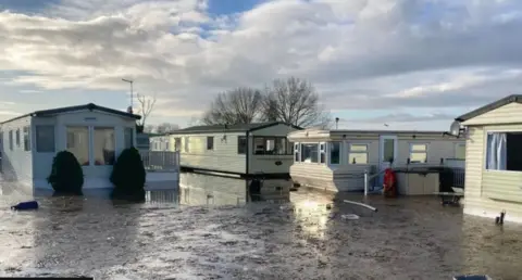 BBC A caravan park flooded as the River Trent reached its highest recorded level at Torksey Lock in January 2024
