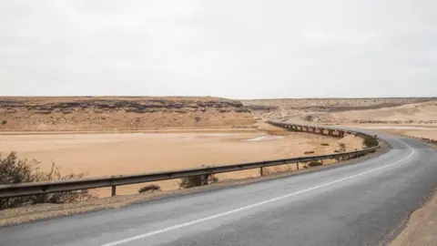 a paved road cutting through a brown desert landscape