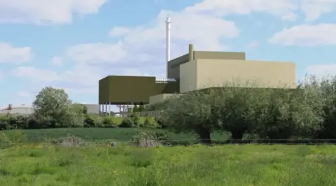 Northacre Renewable Energy A concept image of an industrial building with cylindrical aspects and grass in front. It is made up of large rectangular blocks and has a tall white chimney