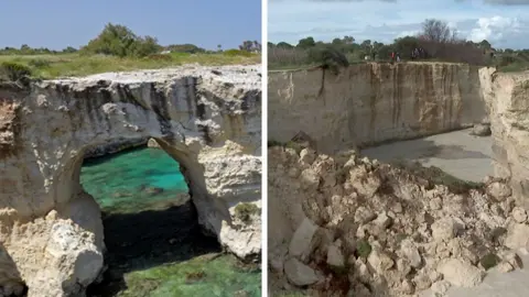 Getty Images / Radiotelevisione Italiana via EVN A side by side comparison of before 'lovers arch' crumbled, which looks scenic, and after when bad weather caused the arch to collapse' leaving rubble.