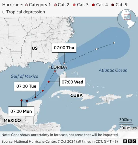 A BBC map shows Hurricane Milton's expected southwest-northwest path, through the Gulf of Mexico (Monday and Tuesday) and through Florida (from 7 p.m. on Wednesday). It is expected to become stronger during this time and reach Category 4 status