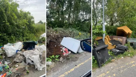 Joshua Sheard Composite image showing three sites of fly-tipping. The first site contains various rubbish including fabrics and toys, the next shows a fridge, and the third shows a number of items of furniture.