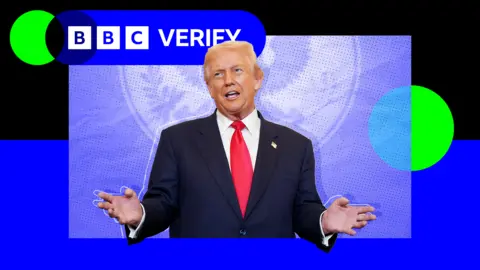 President Trump waving his hands whilst talking in front of a US government emblem