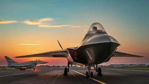 A CGI image of the sleet, silver fight jet parked on a runway. 