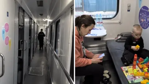 Split screen showing train corridor on the left and mother and son playing with toys in carriage