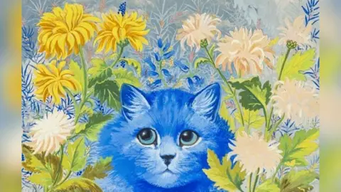 Louis Wain's painting of a bright blue cat, its head poking through yellow flowers with green leafy stems