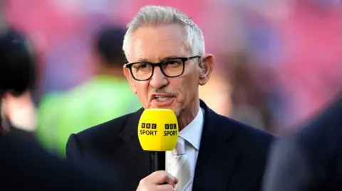 Gary Lineker holding a yellow microphone which says BBC SPORT on it.