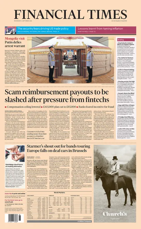 The headline in the Financial Times reads: "Scam reimbursement payouts to be slashed after pressure from fintechs". 