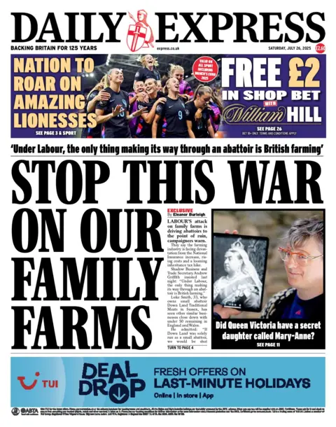 The front page shows the large headline "Stop this war on our family farms", beside an unrelated picture of a woman holding a portrait of Queen Victoria, and the caption, "Did Queen Victoria have a secret daughter called Mary-Ann?" 