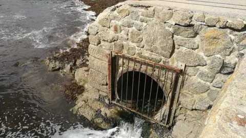 Water is pouring on to a beach from a large pipe. There is an iron grill across its entrance and the pipe is set into a stone structure. 