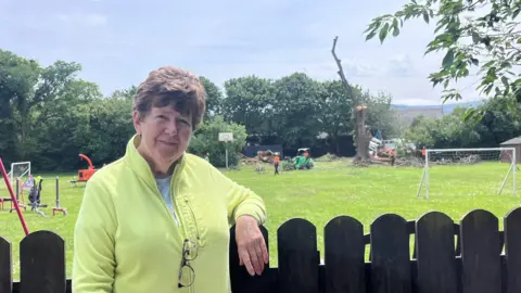 Val Beety, wearing a lime green jumper, leans on a fence. In the background, you can see a children's play park and some goalposts. Behind that, you can see the branchless elm tree while it is being felled.
