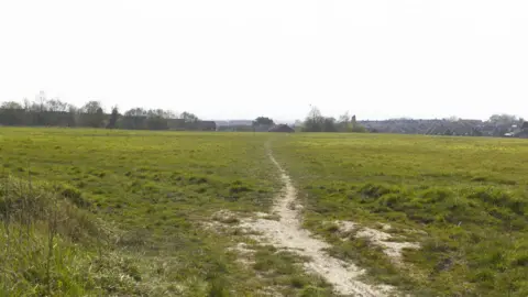 LDRS A green field with a muddy path running through the middle. Houses can be seen in the distance along with a row of trees.