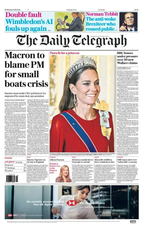 "Macron to blame PM for small boats crisis," is the headline on the front page of the Daily Telegraph