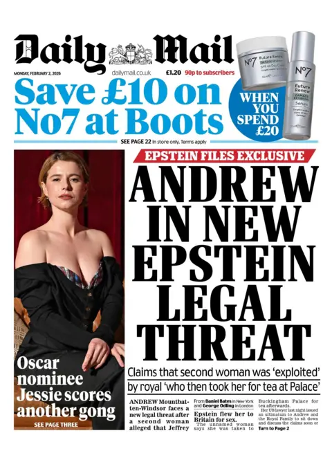 "Andrew in new Epstein legal threat," reads the headline on the front page of the Daily Mail.