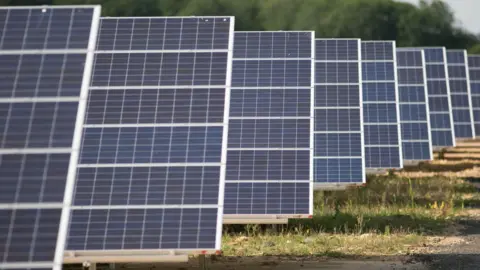 A row of blue solar panels lined up in rows on a field on green grass. There are also trees and bushes in the background. 
