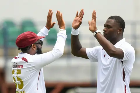 Jayden Seales celebrating his wicket of Josh Inglis.