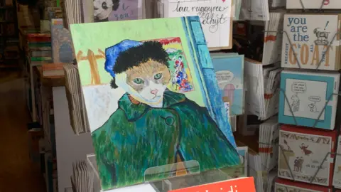 Thomas with Bandaged Ear is a reimagining of Van Gogh's work - reimagined with a cat's face, it sits in a window of a book shop.